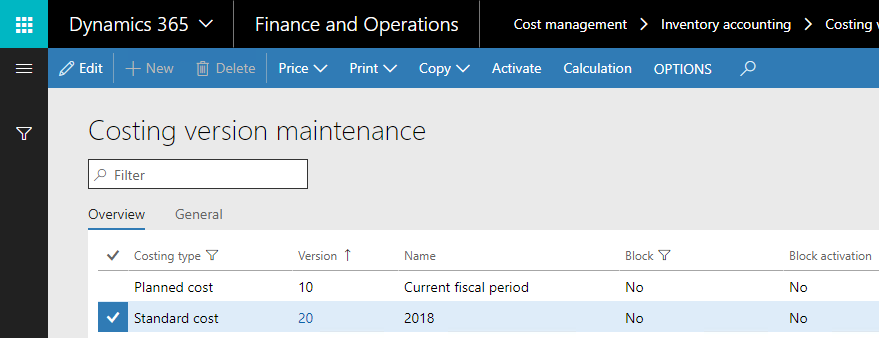 Costing version maintenance
